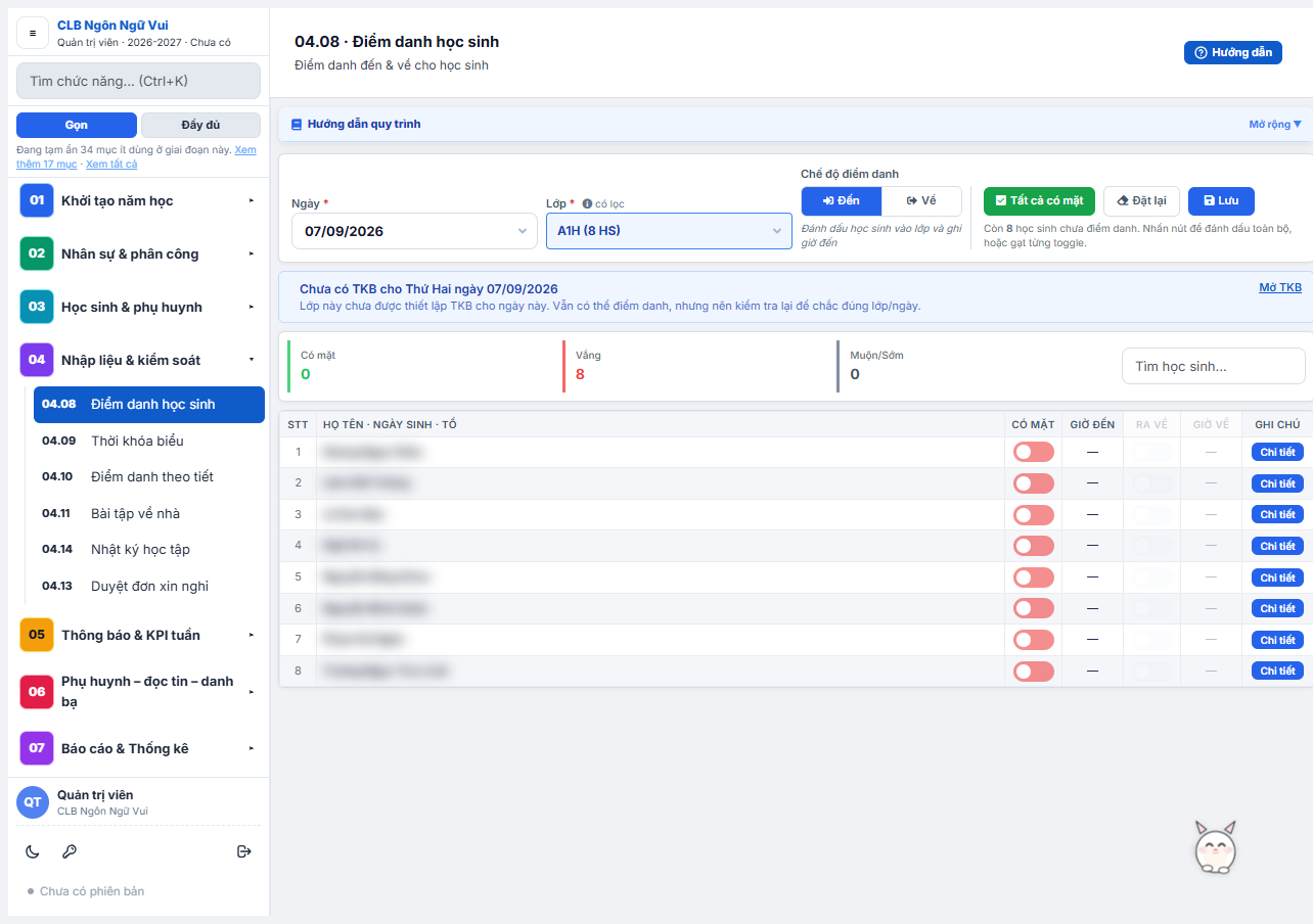 Điểm danh học sinh trên web (đã che thông tin cá nhân)