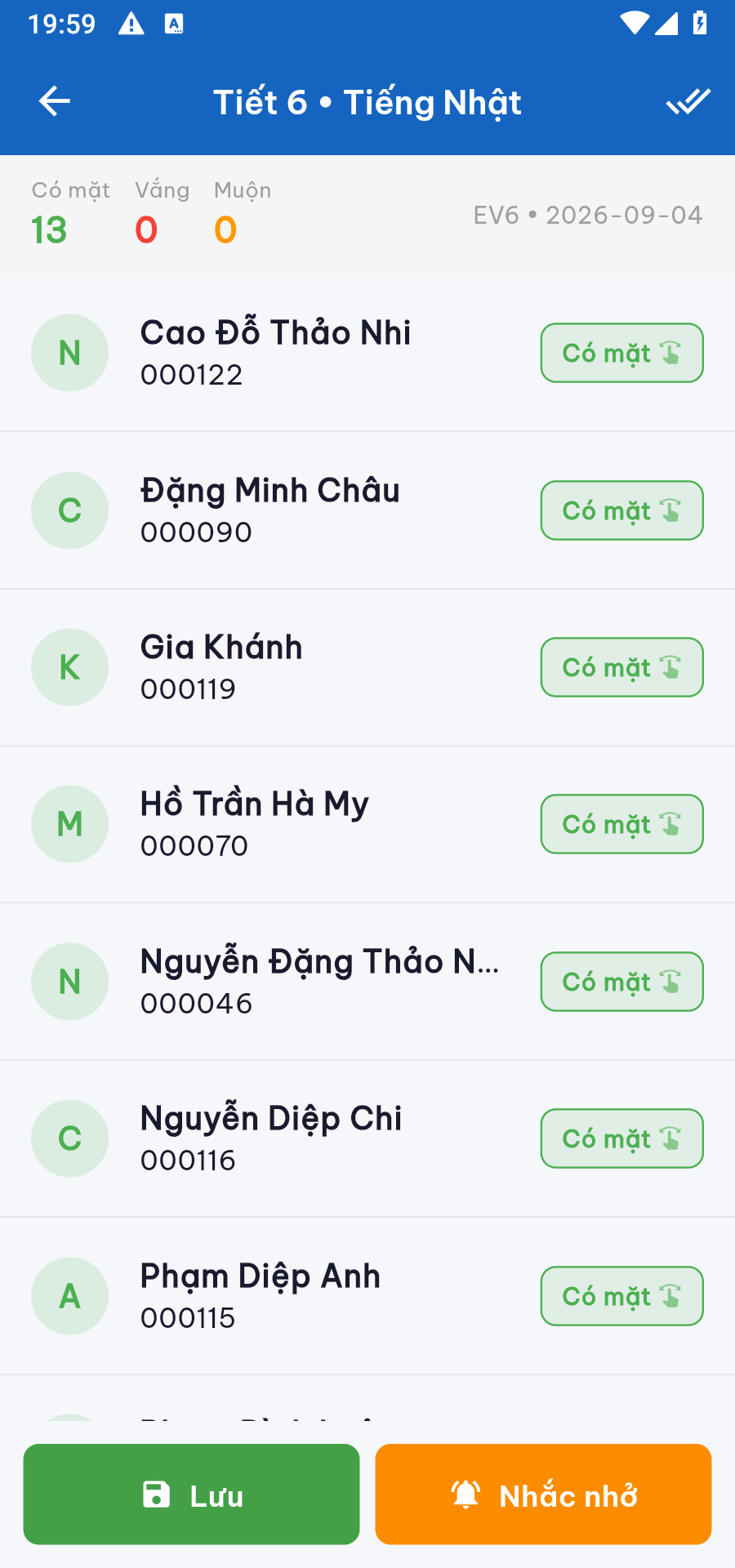 Danh sách học sinh, mặc định Có mặt