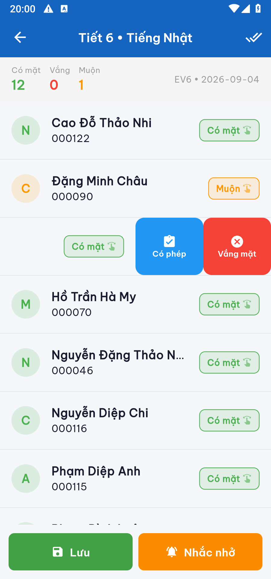 Vuốt trái hiện nút Có phép và Vắng mặt