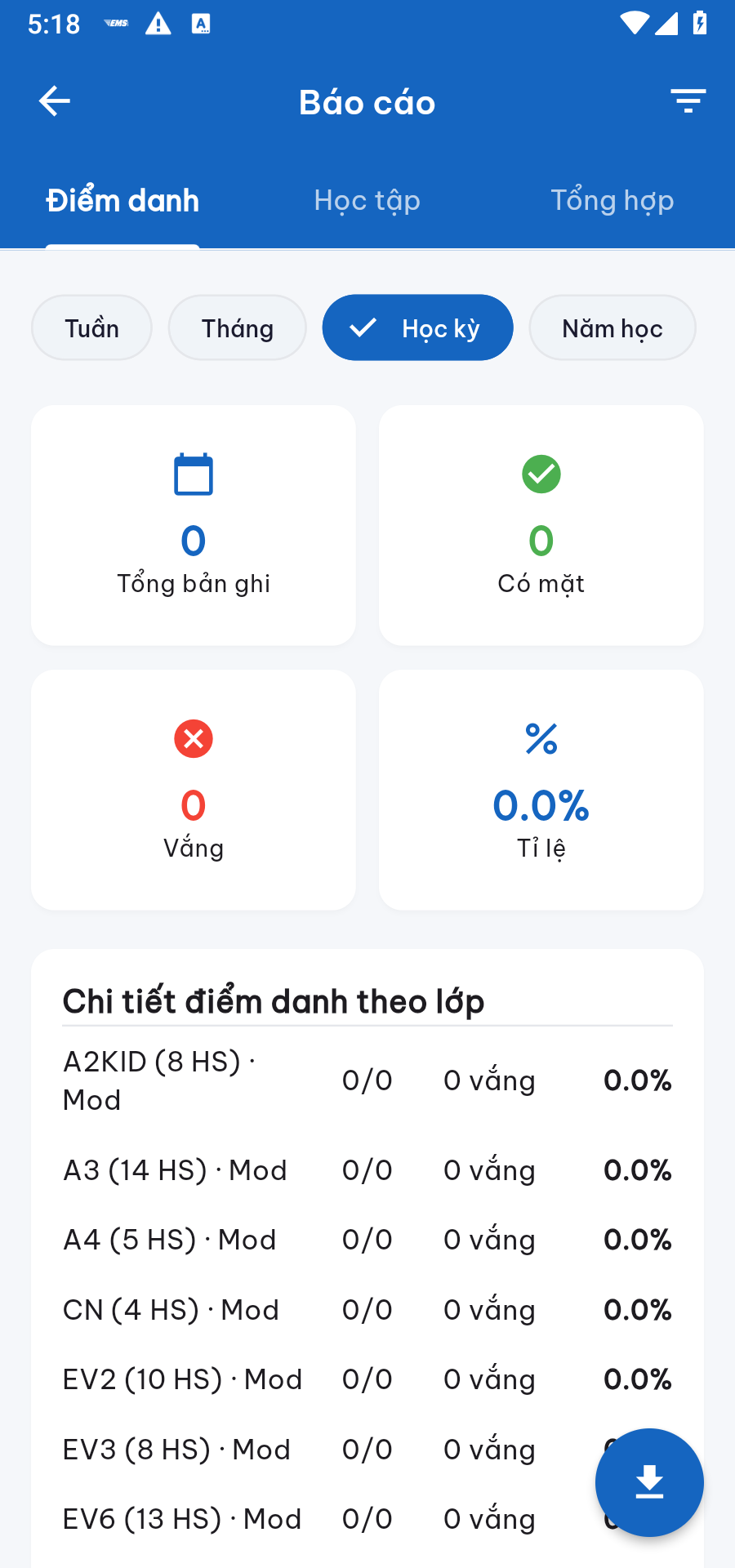 Báo cáo điểm danh: bộ lọc thời gian và chi tiết theo lớp
