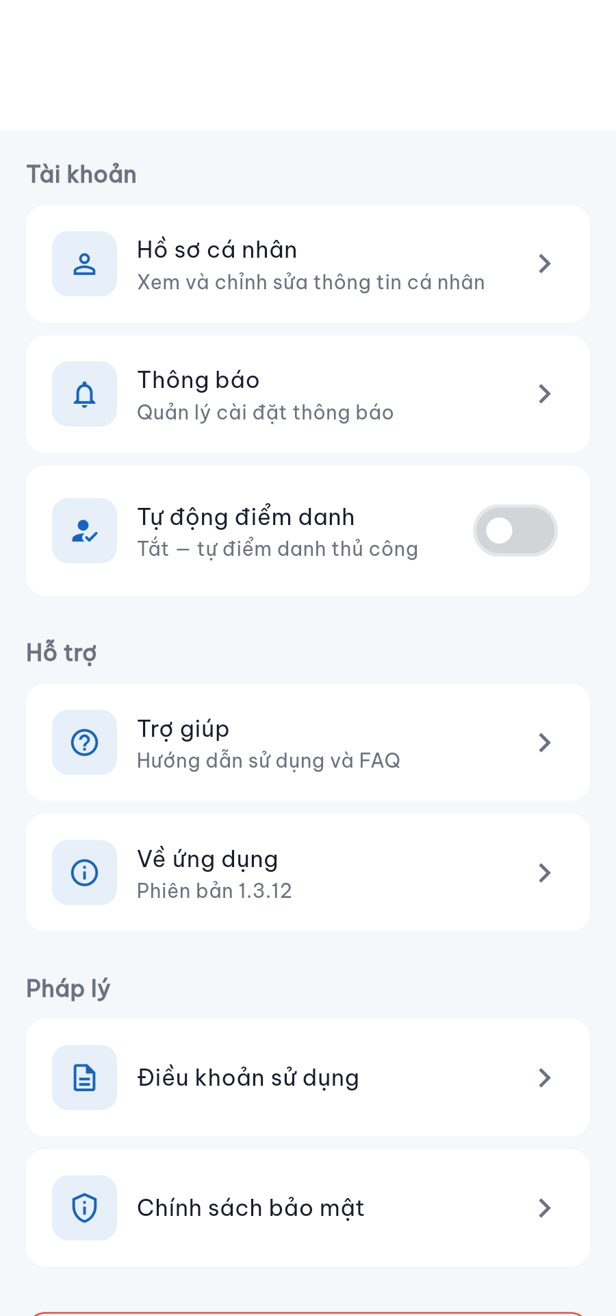 Màn Cài đặt: tài khoản, hỗ trợ, pháp lý