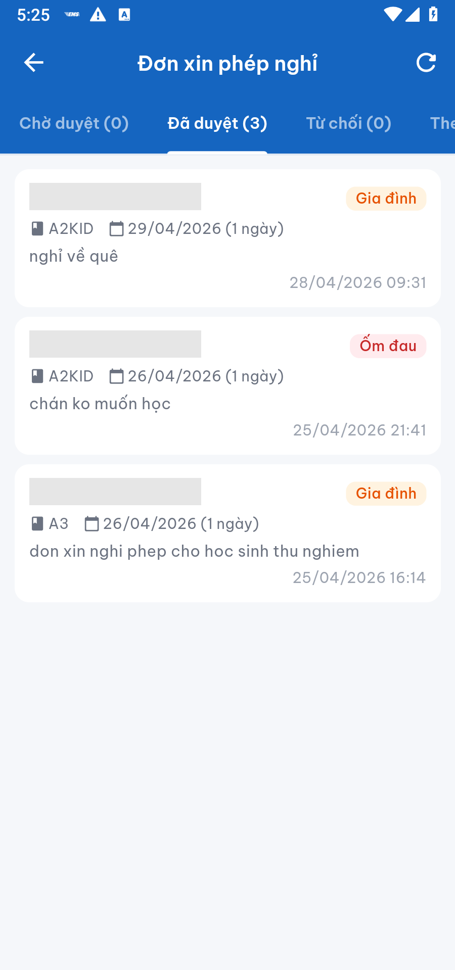 Danh sách đơn xin phép nghỉ đã duyệt