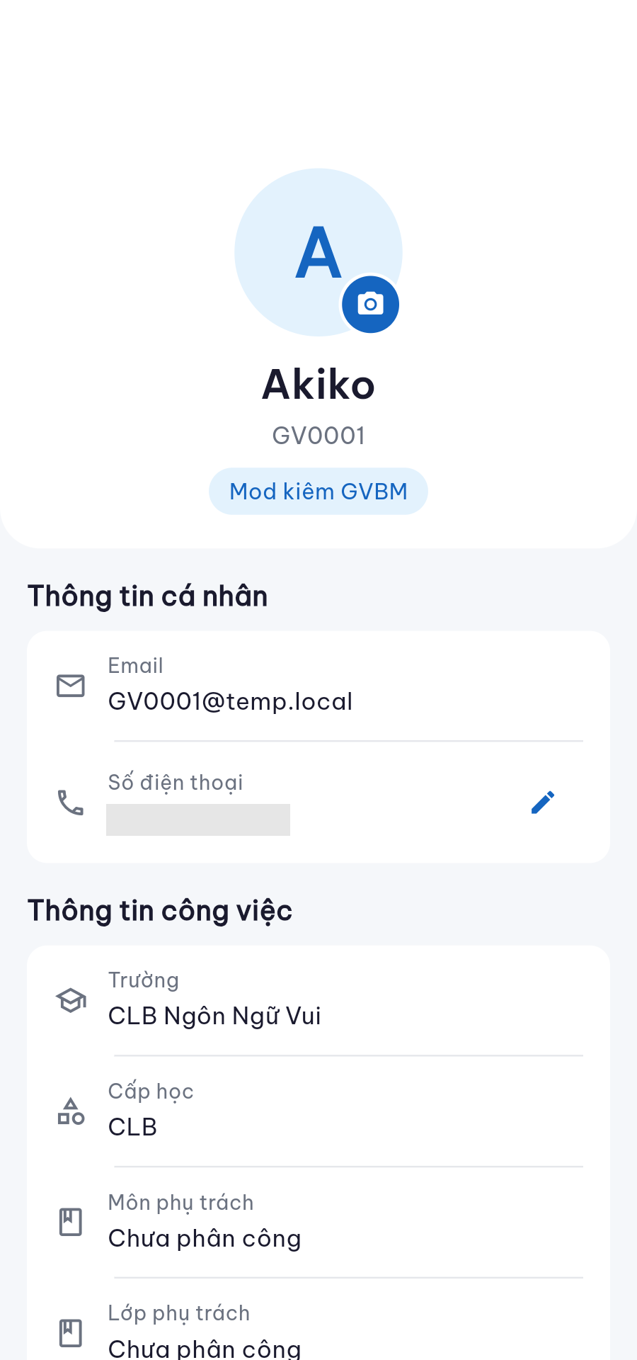 Hồ sơ cá nhân: thông tin cá nhân và thông tin công việc