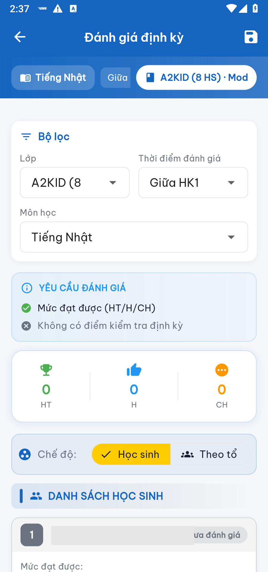 Màn Đánh giá định kỳ: bộ lọc và danh sách học sinh