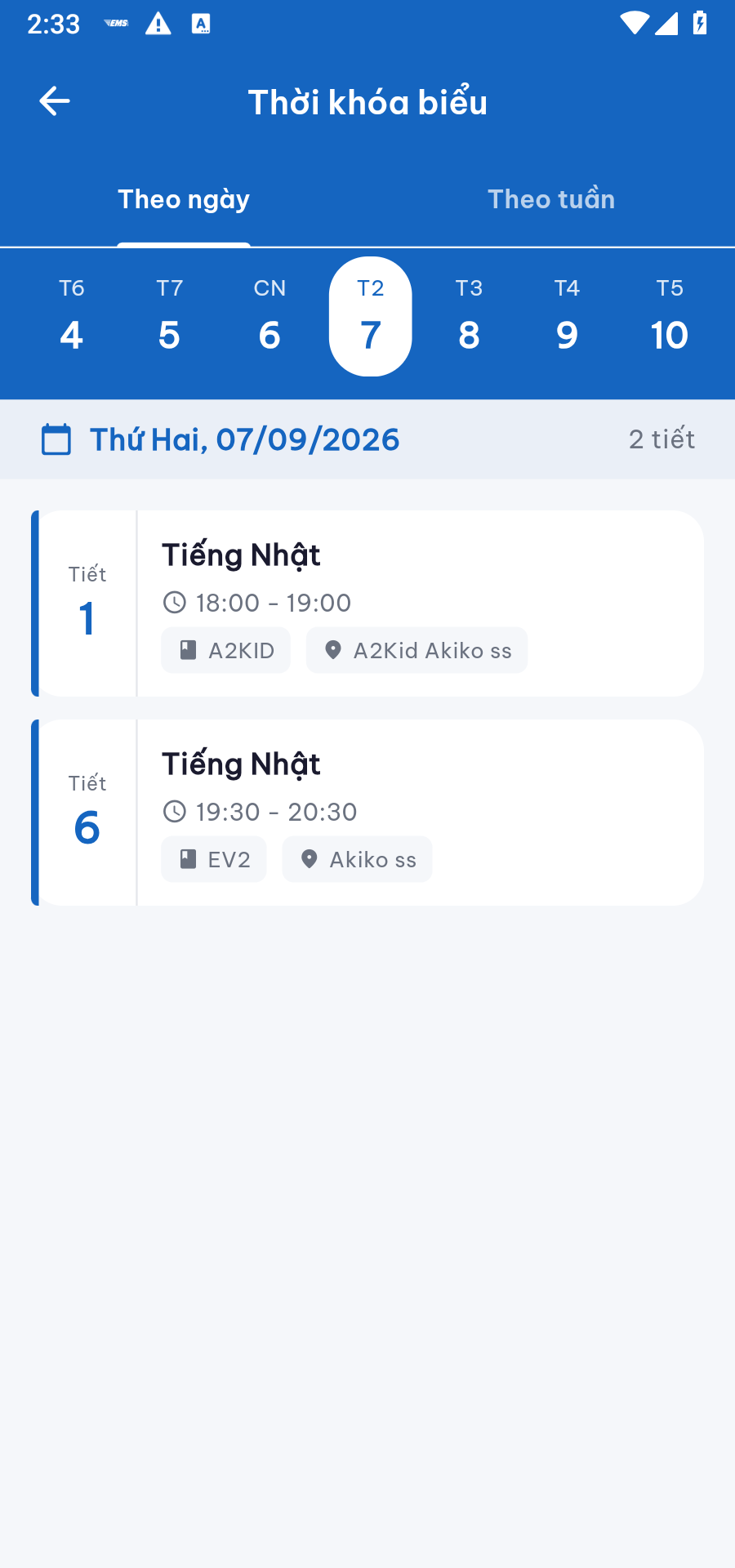 Thời khóa biểu xem theo ngày