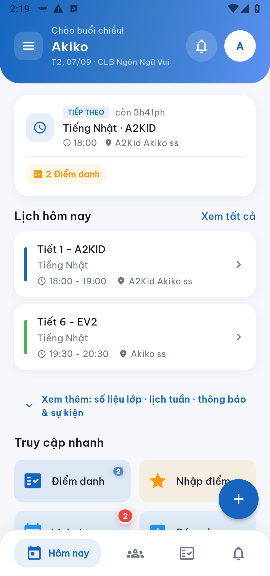 Trang chủ App Giáo viên: tiết sắp tới và lịch hôm nay