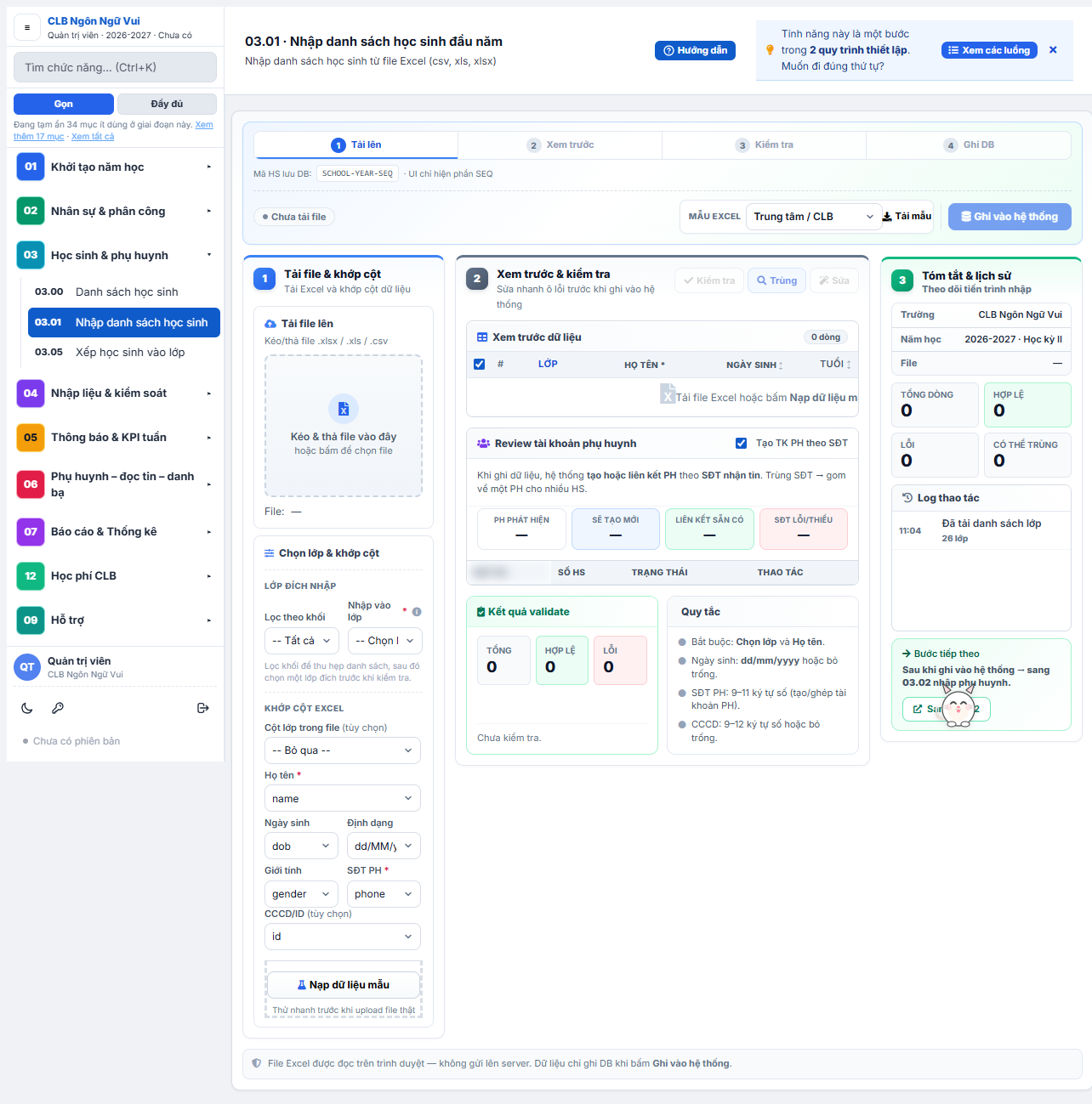 Tải file Excel và khớp cột dữ liệu học sinh