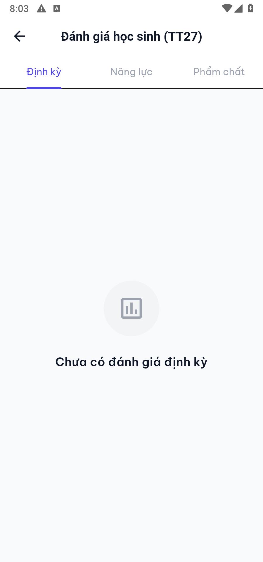 Đánh giá học sinh: 3 tab Định kỳ/Năng lực/Phẩm chất