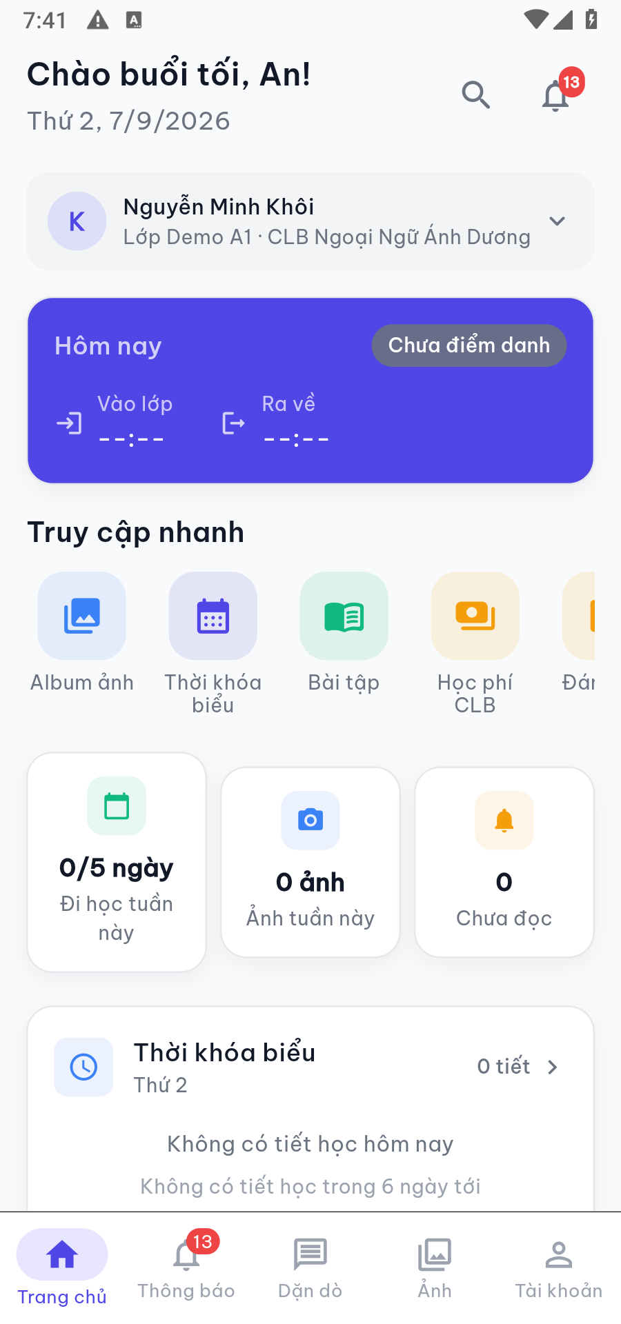 Trang chủ App Phụ huynh: tình trạng điểm danh hôm nay