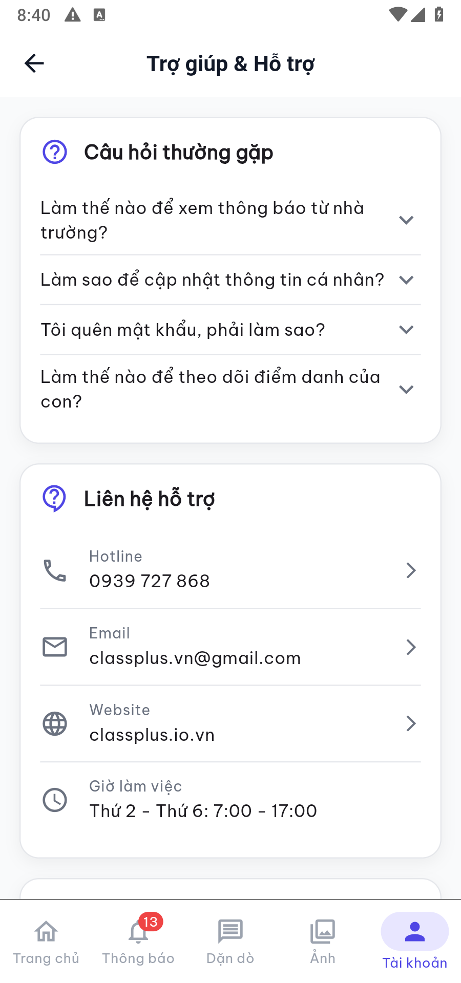 Trợ giúp & Hỗ trợ: câu hỏi thường gặp và liên hệ