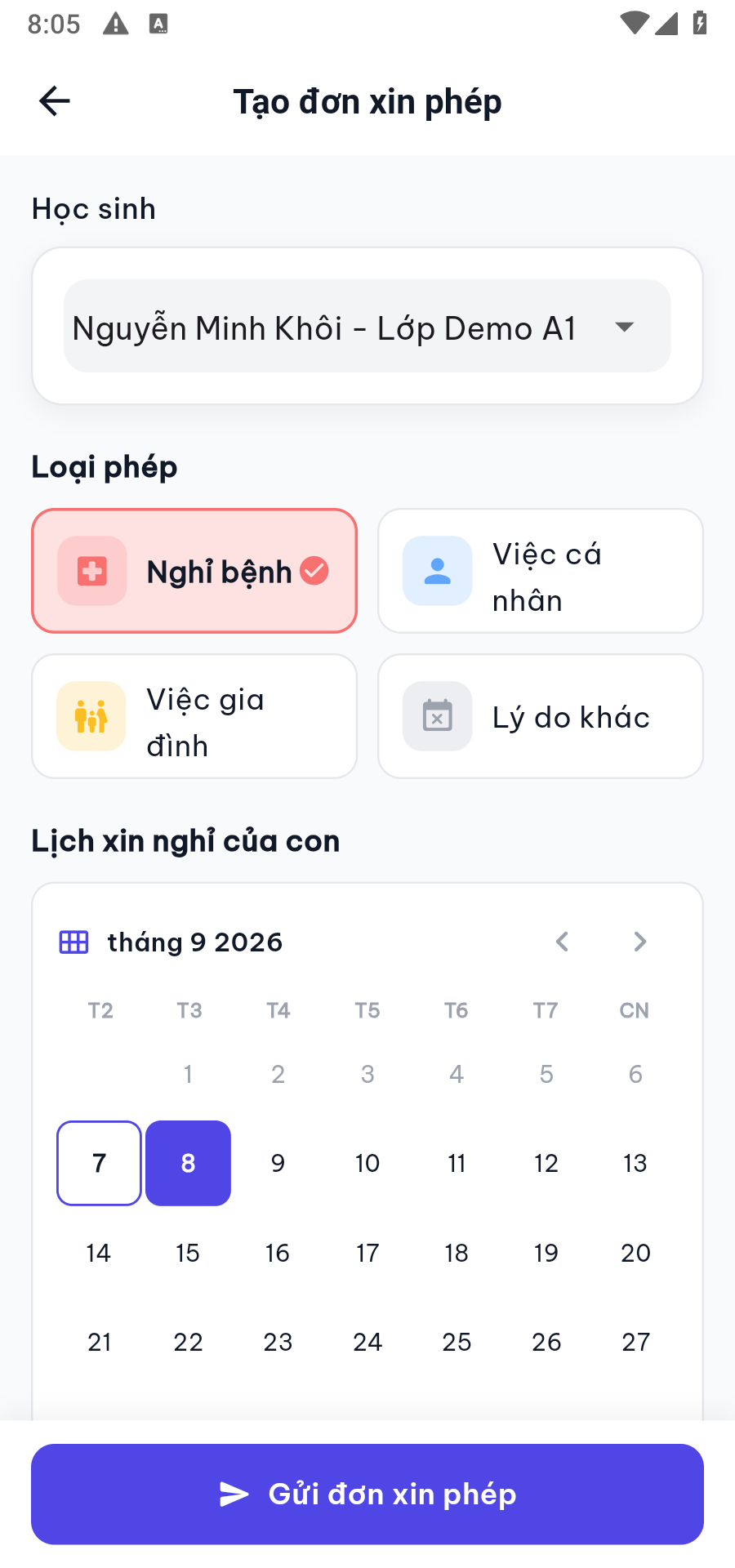 Tạo đơn xin phép: chọn con, loại phép, ngày nghỉ